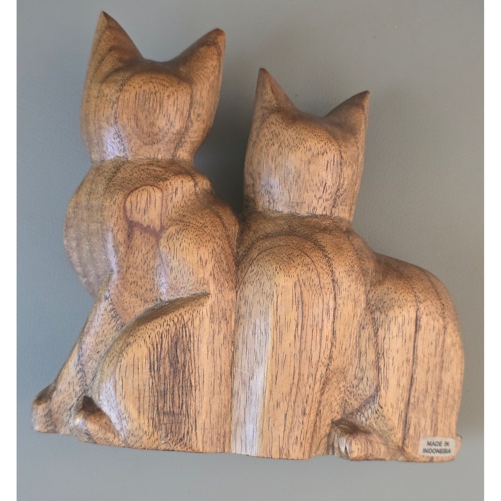 Hand Carved Solid Wood Double Cat Figurine Indonesia Folk Art Sculpture Brown - Picture 2 of 5